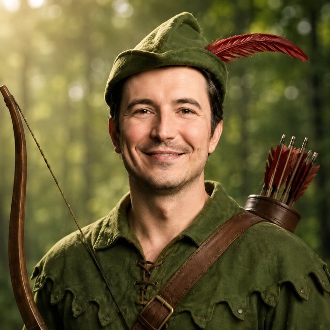 A portrait of a smiling man dressed as Robin Hood in a green tunic and feathered cap, carrying a wooden bow and a quiver of arrows against a forest backdrop.