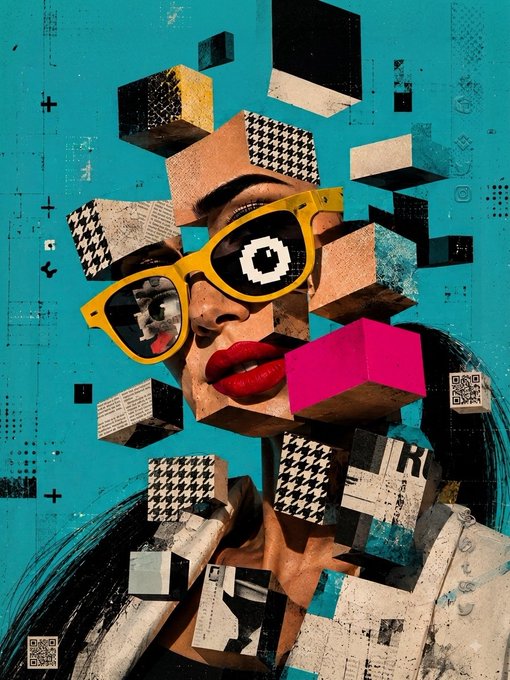 A fragmented pop-art portrait of a woman wearing yellow sunglasses and bold red lips is deconstructed into geometric blocks against a teal background, visually embodying the post's concept of identity as scattered pieces "waiting to reconnect." The collage incorporates checkered patterns, QR codes, and partial text reading "RD" and "R3" (referencing the R3ORDR brand), reinforcing the digital, remixable aesthetic of the NFT artwork.