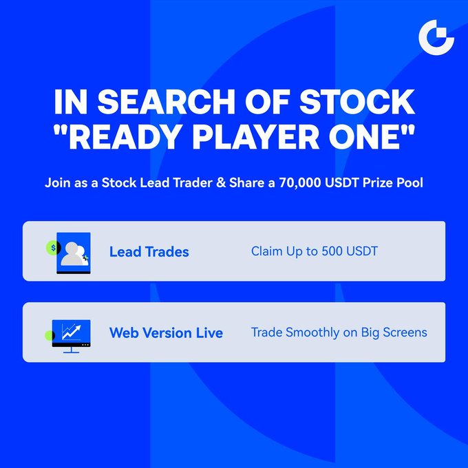 A blue promotional graphic featuring a "G" logo announces "IN SEARCH OF STOCK 'READY PLAYER ONE'" and invites users to "Join as a Stock Lead Trader & Share a 70,000 USDT Prize Pool," with two highlighted features: "Lead Trades" (Claim Up to 500 USDT) and "Web Version Live" (Trade Smoothly on Big Screens), supporting the accompanying post about Gate Stock Copy Trading's lead trading bonuses and web launch.