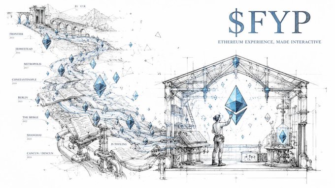 An artistic blueprint-style graphic titled '$FYP - ETHEREUM EXPERIENCE, MADE INTERACTIVE' depicts a figure holding an Ethereum diamond crystal, with a timeline of various network upgrades like Frontier, Homestead, Metropolis, Constantinople, Berlin, The Merge, Shanghai, and Cancun/Deneb on the left.