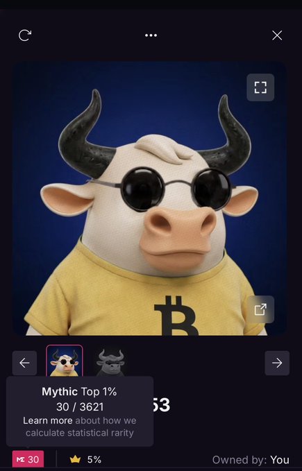 A digital NFT featuring a stylized bull character wearing round sunglasses and a yellow shirt with a Bitcoin logo, labeled as 'Mythic Top 1%' (30/3621) and owned by the user.
