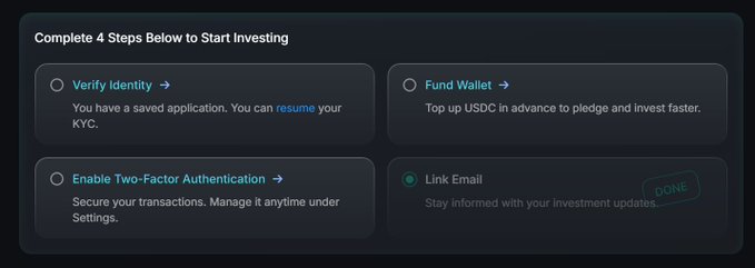 A dark Kaito onboarding screen shows “Complete 4 Steps Below to Start Investing,” with tasks to Verify Identity, Fund Wallet, Enable Two-Factor Authentication, and Link Email; the last is marked “DONE.” This illustrates the four setup steps referenced in Cho Pig’s question about whether newbies must complete them to yap and earn points.