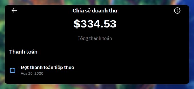 A Vietnamese-language Revenue Sharing screen showing total payouts of $334.53, with the next payout scheduled for Aug 28, 2026.