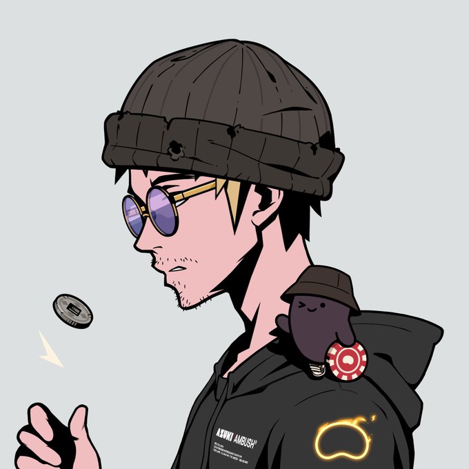 An anime-style character wearing an "AZUKI AMBUSH" hoodie, beanie, and sunglasses flips a coin while a small dark figure with Azuki's signature red target logo perches on their shoulder, visually representing the poster's announcement of joining the Azuki team.
