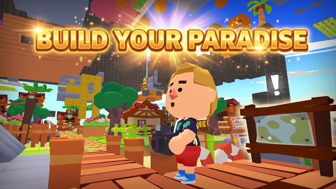The image displays a vibrant, cartoonish world with the text "BUILD YOUR PARADISE" prominently featured. It aligns with the post's theme of a creative building event, encouraging players to showcase their in-game creations for rewards.