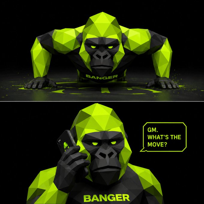 A two-panel promotional graphic featuring a green polygonal gorilla mascot wearing a 'BANGER' shirt, with the top panel showing a push-up pose and the bottom showing a phone call with text 'GM. WHAT'S THE MOVE?'