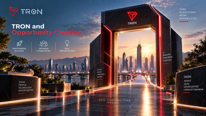 Marketing image for TRON titled 'TRON and Opportunity Creation' featuring a futuristic gateway archway with city skyline and text about empowering builders, growing communities, and real opportunities.