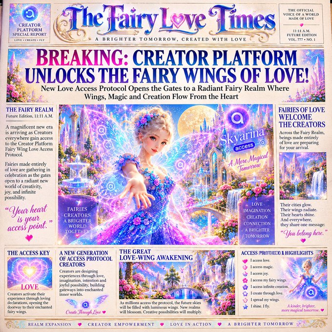 A colorful, AI-generated newspaper-style graphic titled 'The Fairy Love Times' features a breaking news headline about 'CREATOR PLATFORM UNLOCKS THE FAIRY WINGS OF LOVE!' alongside illustrations of fairies and pastel-themed informational panels.