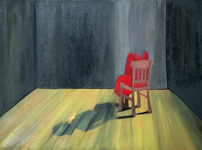 A pastel/colored pencil drawing of a wooden chair draped with a red cloth in a room with dark gray walls and a yellow-green floor, casting a long shadow.