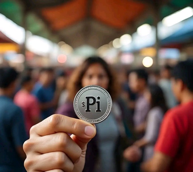 A hand holds up a silver Pi Network coin with the Pi symbol prominently displayed, with a blurred crowd of people visible in the background.