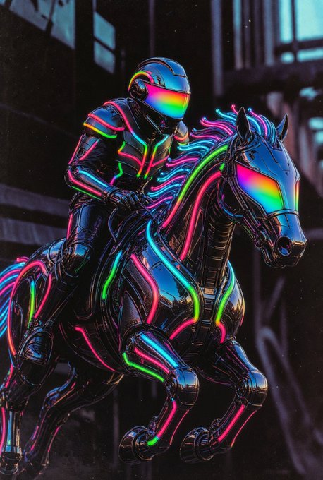 A vibrant digital illustration of a futuristic rider in black armor and a rainbow-visored helmet, riding a robotic black horse adorned with glowing neon pink, blue, and green lines.