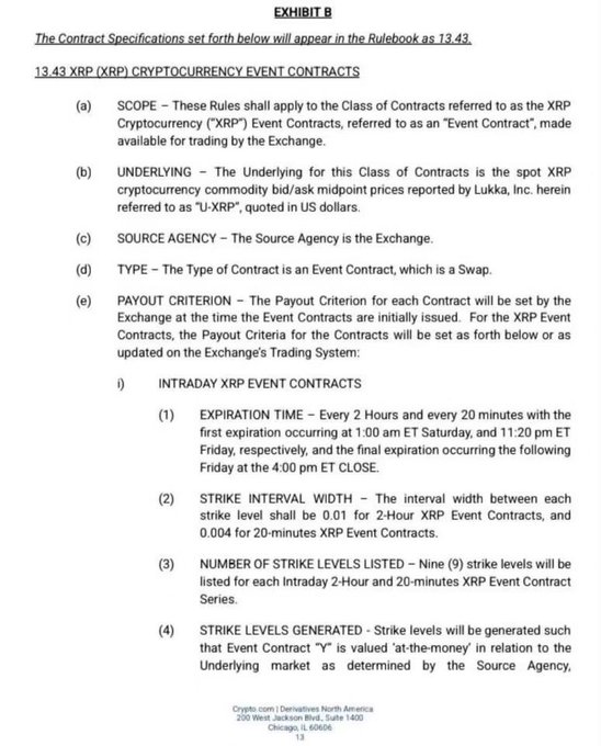A legal document titled 'EXHIBIT B' detailing '13.43 XRP (XRP) CRYPTOCURRENCY EVENT CONTRACTS' with specifications for trading contracts on Crypto.com Derivatives North America.