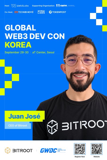 A promotional graphic for the "GLOBAL WEB3 DEV CON KOREA" on September 29-30, featuring a portrait of Juan José, CEO of Bitroot.