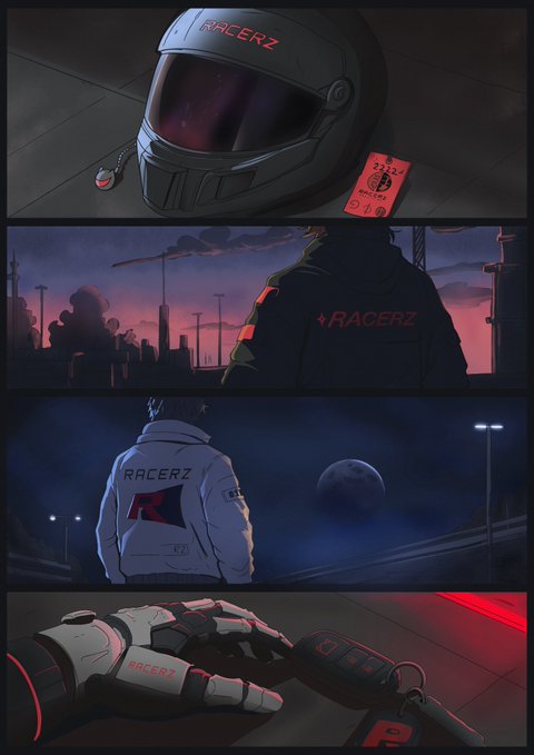 The image is an eye-catching poster featuring several panels displaying different aspects of a racer's journey, including a helmet, a black glove, and a racing car with a "Racerz" logo. Each panel provides unique details about their experiences during a race or a virtual adventure in the world of racing games. The post highlights how NFT collectors can expect utility from these games that often provide an immersive experience, engaging gameplay, and exciting missions for users to complete. It also emphasizes the rarity of certain games, where the initial stages of a racing adventure are marked by specific details like the date and time when players can join or the particular planet they must traverse on their journey through the stars.