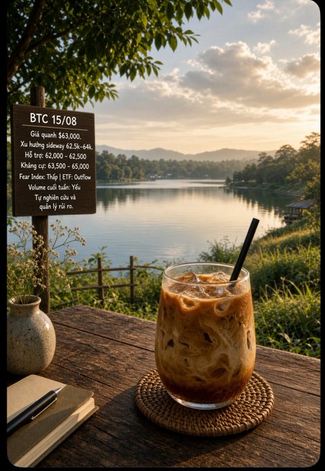 A scenic photo of an iced coffee in a glass on a wooden table by a lake at sunset, with a sign displaying text including 'BTC 15/08', 'Sideway 62.5$ - 64k', and 'Volume cuối tuần'.