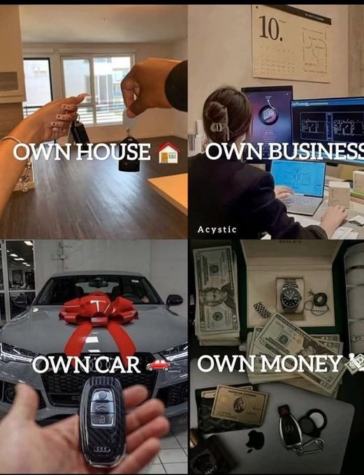 The image is a four-panel collage showcasing key milestones of success: "OWN HOUSE" (with someone holding house keys), "OWN BUSINESS" (featuring a person working at dual computer monitors), "OWN CAR" (showing a white Audi with a red bow and key), and "OWN MONEY" (displaying cash, gold bars, watches, and a laptop). The caption "When does your moment arrive? House, business, car, and true wealth - ready for it all?" ties these visuals together, presenting them as aspirational lifestyle achievements that align perfectly with the post's motivational message about attaining the full package of success.