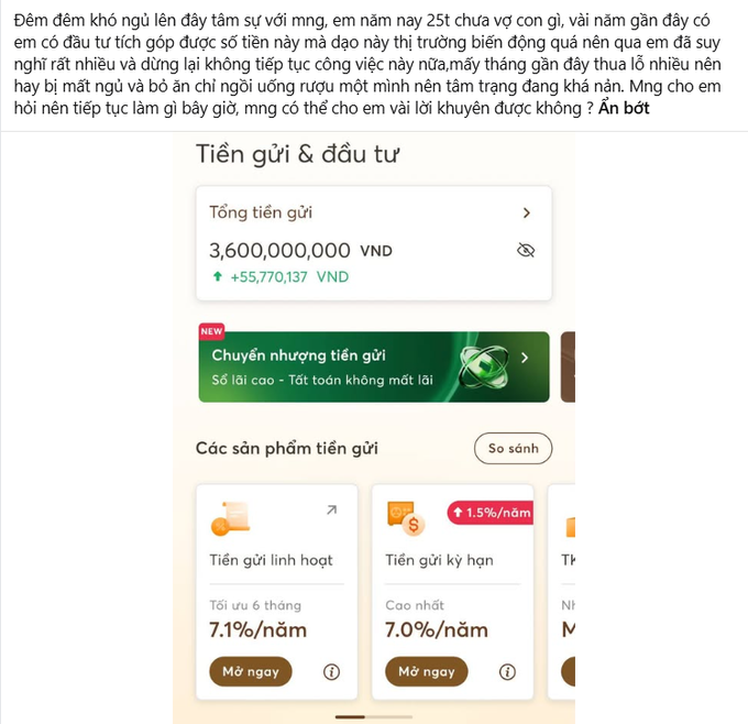 A Vietnamese text post about savings and investing, showing a banking app interface displaying a total balance of 3,600,000,000 VND with interest rates of 7.1%/year and 7.0%/year.
