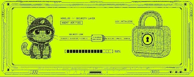 A digital illustration on a neon green background showing a small cat wearing a hooded jacket alongside a security padlock, labeled 'SECURITY LAYER' with 'AGENT VERIFIED' text and an '82%' progress bar.