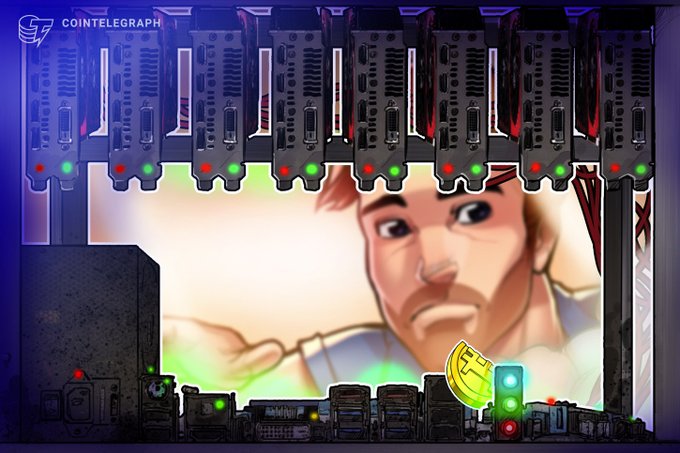 A Cointelegraph-illustrated graphic showing a mining rig with multiple GPUs and a concerned cartoon man in the background, with a glowing gold coin featuring a Bitcoin-like symbol.
