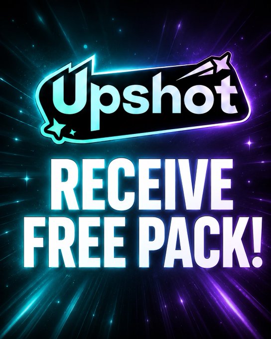 A promotional graphic for 'Upshot' features a stylized logo against a cosmic background, advertising that users can 'RECEIVE FREE PACK!'