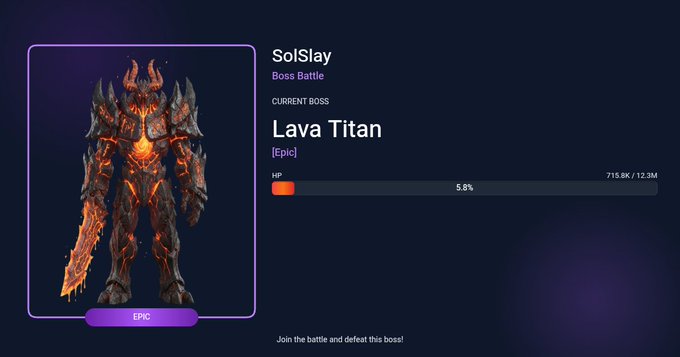 A 'SolSlay' Boss Battle game screen featuring the 'Lava Titan' as the current Epic boss with only 5.8% HP remaining (715.8K / 12.3M).