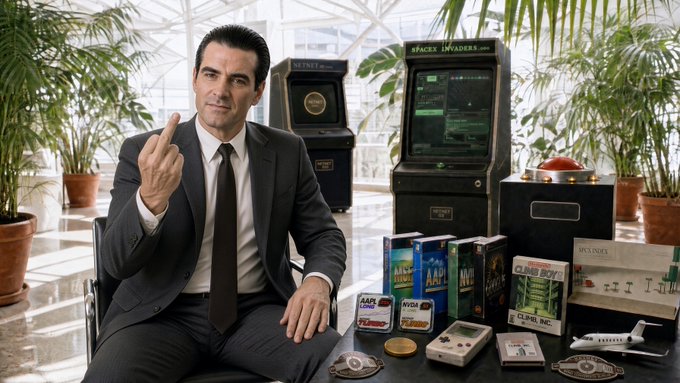 A man in a dark suit and tie sits in a chair surrounded by vintage arcade games including 'Space Invaders' and several game boxes like 'Ape', 'Bump N Jump', and 'Clu Clu Land'.