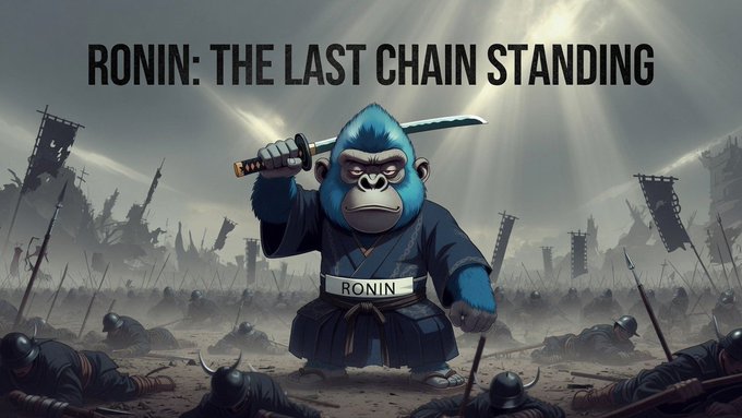 A digital illustration shows a blue gorilla dressed as a samurai, wearing a belt labeled "RONIN," holding a katana on a battlefield littered with fallen warriors, with the title "RONIN: THE LAST CHAIN STANDING" displayed above.
