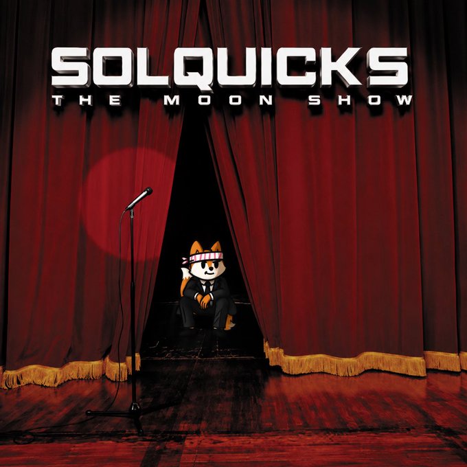 The image shows an album cover-style graphic for "SOLQUICKS - THE MOON SHOW," featuring an anthropomorphic Shiba Inu character wearing a suit and headband, sitting on a stage behind red curtains with a spotlight and microphone. The dramatic "showtime" staging ties into the "big announcement this week," positioning the reveal as a grand theatrical debut or performance for the SOLQUICKS project.