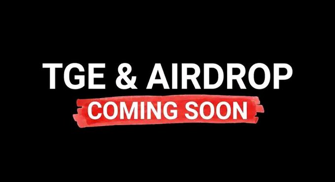 The image displays bold white text reading "TGE & AIRDROP" above a red brushstroke banner with "COMING SOON" in white letters, all set against a black background. It serves as a teaser graphic announcing the upcoming Token Generation Events and airdrops for projects like GRVT, Sodex, Dac Chain, Veera, ARC, and DataHive.