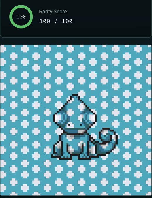 A digital collectible of a pixelated blue creature against a patterned blue background, displaying a perfect 'Rarity Score' of '100 / 100'.