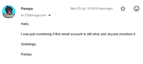 An email from "Pampa" dated Wed 29 Jul, 10:43 (4 days ago), addressed to 2128@mcga.com, reading: "Hello. I was just wondering if this email account is still alive and anyone monitors it. Greetings, Pampa." The screenshot illustrates the post's claim that the $MCGA email account appears unmonitored, prompting the author's call for "a sign of life" from the Make CRO Great Again team.