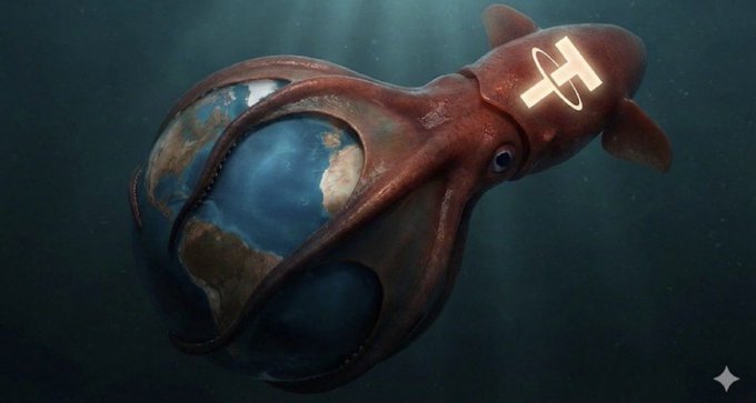 A rust-colored submarine shaped like a squid floats underwater, with its bulbous head displaying an image of Earth showing the Americas, and a glowing white "₮" (Tether) symbol on its body. The image visually represents the post's suggestion that Tether/USDT is "sucking up" or enveloping global resources through ocean mining operations.