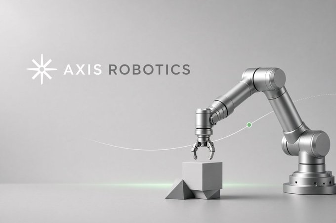 A clean, minimalist promotional image for Axis Robotics showing a silver robotic arm positioned near geometric blocks with the company logo and name displayed on the left.
