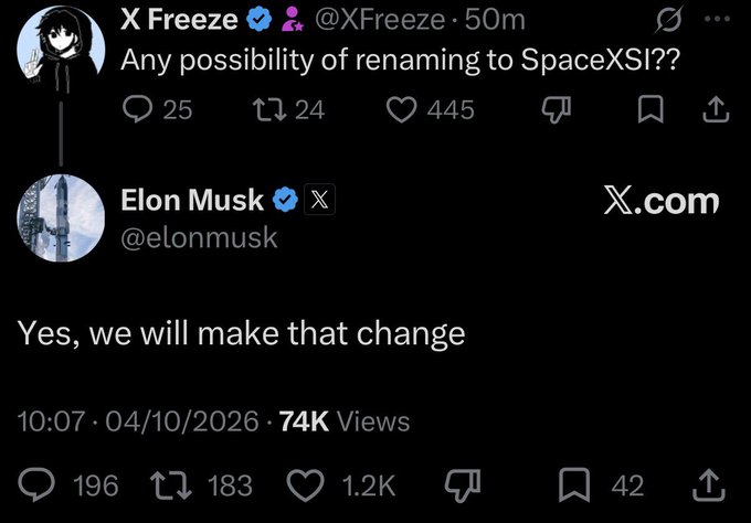 A screenshot of X Freeze (@XFreeze) asking Elon Musk "Any possibility of renaming to SpaceXSI?" and Elon Musk replying "Yes, we will make that change," which the accompanying post uses to suggest buying the SpaceXSI token before its value rises.