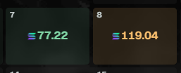 A dark interface showing two cells with numbers 77.22 and 119.04, each preceded by a small three-line icon.
