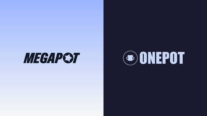 A split-screen logo design with 'MEGAPOT' on a light gradient background on the left, and 'ONEPOT' with a cup icon on a dark background on the right.