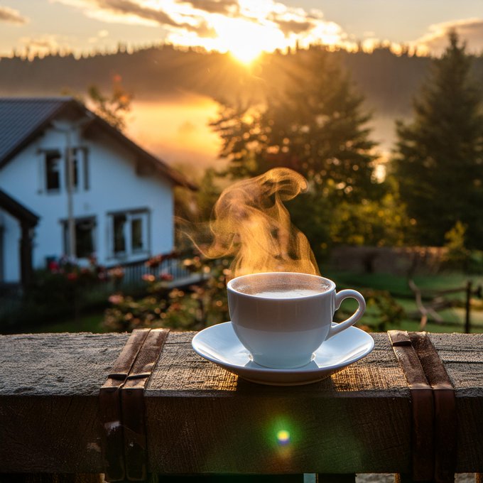 The image features a white cup of coffee sitting on top of a wooden table, with steam rising from it. The scene takes place outside an old house during sunset or sunrise, creating a serene atmosphere. In the background, there are trees that add to the picturesque setting. The caption of the image includes information about Bitcoin and Ethereum, suggesting that this outdoor location might be near a cryptocurrency exchange or market where these digital assets are being bought and sold.