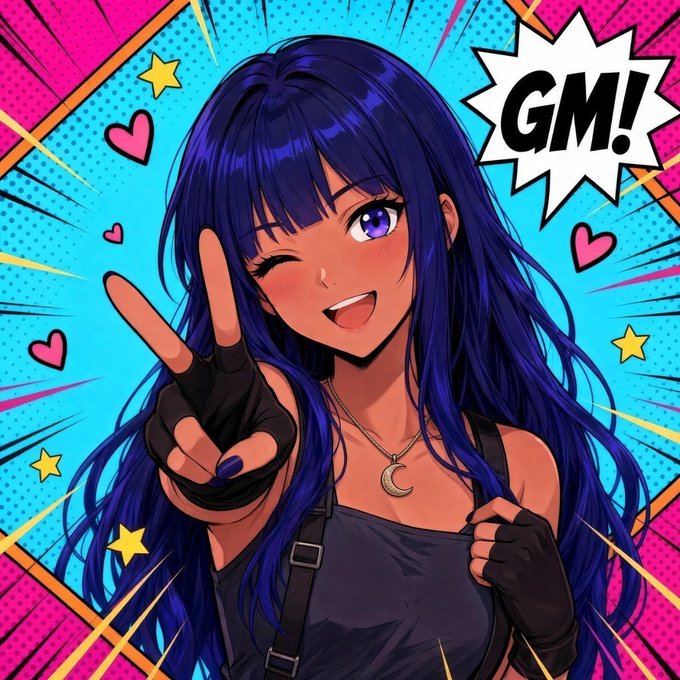 An anime-style illustration of a girl with long dark blue hair winking and making a peace sign, with a speech bubble saying 'GM!' against a colorful comic-style background.