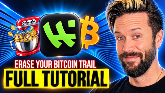 A YouTube-style thumbnail featuring a bearded man alongside CoinJoin, KuCoin, and Bitcoin logos with the text 'ERASE YOUR BITCOIN TRAIL' and 'FULL TUTORIAL'.