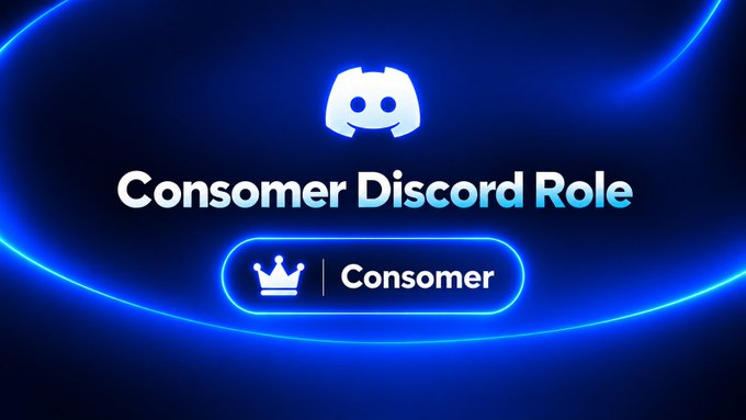 A promotional graphic showing the Discord logo with the text 'Consomer Discord Role' and a 'Consomer' badge on a blue background.
