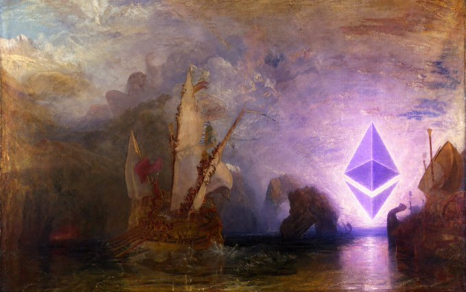 A classical painting depicting sailing ships on a turbulent sea, with a glowing purple Ethereum logo superimposed in the sky.