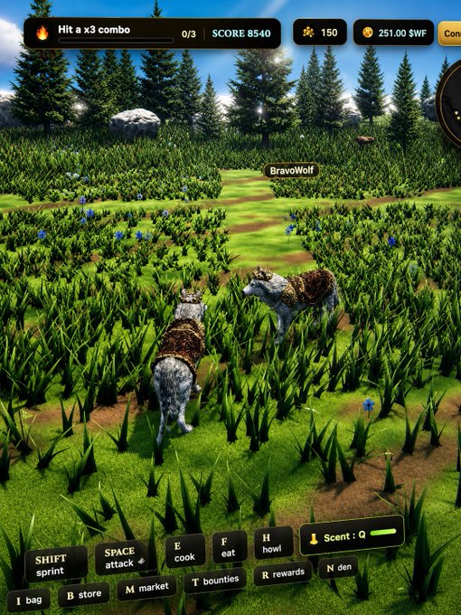 A screenshot from a 3D wolf simulator game showing two wolves labeled 'BravoWolf' in a grassy field with trees, with a UI displaying controls, a score of 8540, and '251.00 $WF' currency.