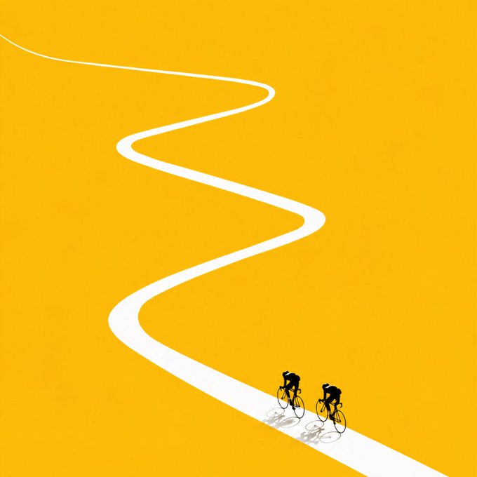 Two cyclists ride along a winding white path that stretches endlessly across a bold yellow background, embodying the spirit of perseverance in the post's message: "GM, as long as you're on the road, you'll always keep moving forward."

The serpentine trail symbolizes life's journey with its inevitable twists and turns, while the determined cyclists pressing onward despite the uncertain, curving path ahead visually reinforce the idea that continuous forward motion—regardless of obstacles—is the key to progress.