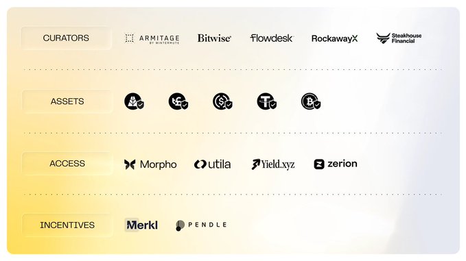 A categorized chart listing Zama's institutional DeFi partners across four tiers: Curators (Armitage, Bitwise, Flowdesk, RockawayX, Steakhouse Financial), Assets (ETH, USDC, USDe, tBTC, cbBTC), Access (Morpho, Utila, Yield.xyz, Zerion), and Incentives (Merkl, Pendle). The graphic visually supports Zama's message about adding confidential access to the DeFi infrastructure institutions already rely on, without altering existing strategy or liquidity.