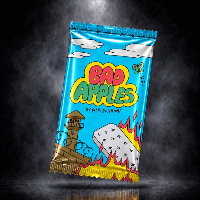 An illustration shows a blue candy wrapper labeled 'BAD APPLES BY @PSYCHROME' featuring a prison tower, barbed wire, and a gravestone on fire, set against a dark background.
