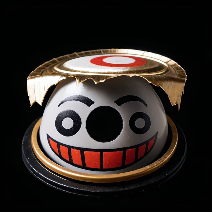 The image features a white ball with red eyes and a black nose, which appears to be made of plastic or styrofoam. The ball is sitting on top of a gold lid that has a red circle on it. The background of the image is black, making the white ball stand out prominently. There are no other objects in the image besides the ball and its surroundings.