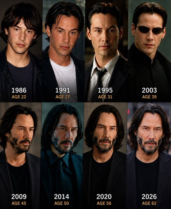 A collage showing the apparent aging of actor Keanu Reeves across several decades, labeled with years from 1986 to 2026 and corresponding ages from 22 to 62.