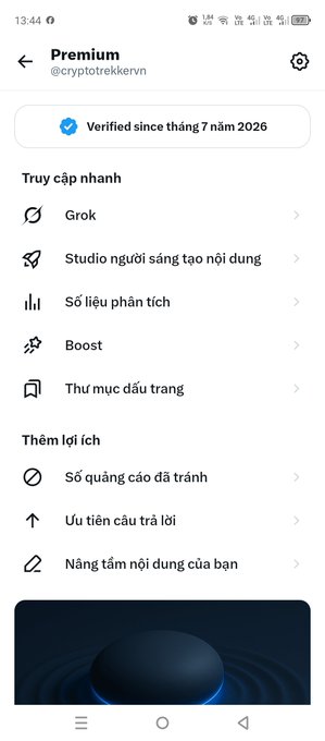A mobile screenshot of an X (Twitter) Premium account page for @cryptotrekervn, showing a verified badge since July 2026 and quick access options like Grok, Creator Studio, and Analytics.