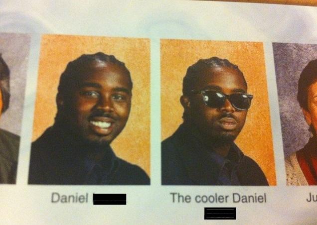 A yearbook-style photo page shows "Daniel" smiling without glasses on the left, contrasted with "The cooler Daniel" wearing sunglasses on the right, humorously illustrating how S&P 500 investors might view themselves versus how crypto investors perceive themselves as edgier and more stylish.