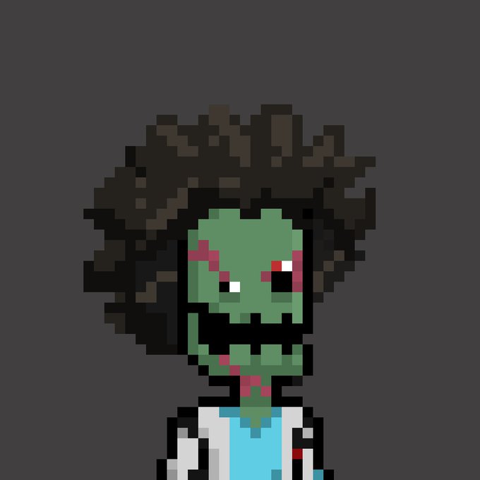 A pixel-art illustration of a green-skinned zombie character with dark hair, red eyes, and what appears to be blood marks, wearing a light blue shirt against a dark gray background.